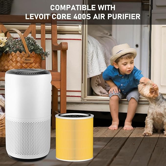 Core 400S H13 True HEPA Replacement Filter Compatible with LEVOIT Core 400S Smart WiFi Air Cleaner Purifier, Core 400S-RF-PA (LRF-C401-YUS), 3-in-1 True HEPA Activated Carbon Pre-Filter 2 Pack, Yellow