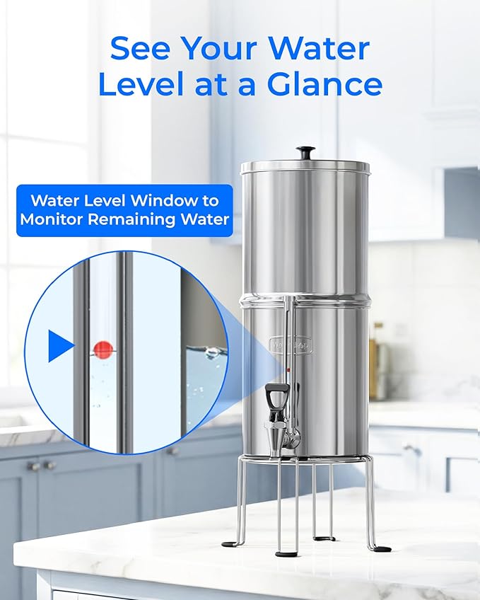 Waterdrop Gravity-fed Water Filter System, 2.25G Stainless-Steel System with 4 Filters, Metal Water Level Spigot and Stand, NSF/ANSI 42&372 Standard, Reduces Chlorine-King Tank for Emergencies