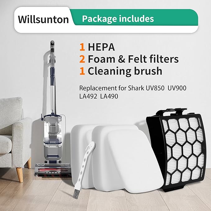 UV900 UV850 Filters Replacement for Shark UV850 UV900 LA490 LA492 Rotator Lift-Away ADV DuoClean PowerFins Upright Vacuum, Compare to Part #XHF320 & XFFK602UKT, 1 HEPA Filter and 2 Foam & Felt Filters