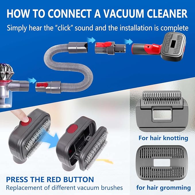 2-in-1 Pet Grooming Kit Compatible with Dyson V7 V8 V10 V11 V15 Vacuum,Dog Hair Vacuum Attachment Removes Loose Hair, Dander, Undercoat & Tangles Self-Cleaning with Extended Vacuum Hose & Trigger Lock