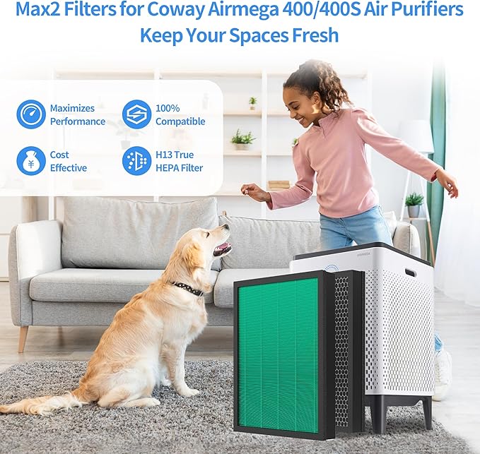 Airmega 400/400S Replacement Filter Fits for Coway Airmega Max2 400 400S Air Purifier, 2-in-1 Max2 Green True HEPA and Active Carbon Filter 2 Sets, AP-2015-FP 4 Pack