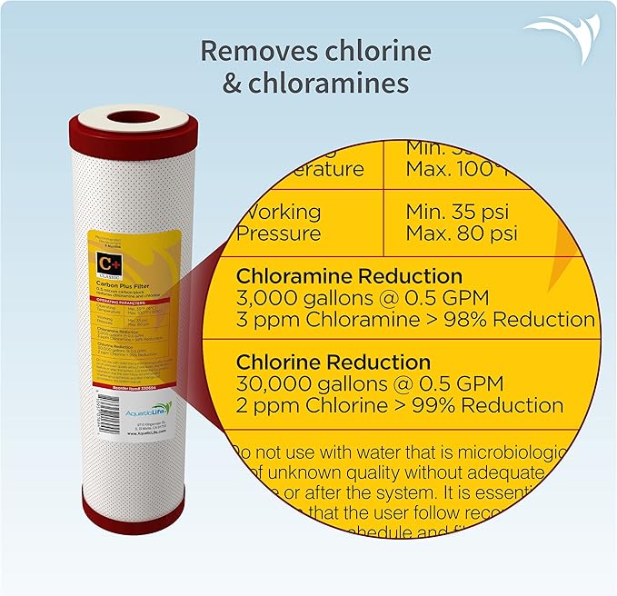 AQUATICLIFE Carbon Plus 10” Carbon Block Water Filter Chlorine Chloramine Reduction Cartridge for Reverse Osmosis Deionization Water Filtration System Units 10x2.5 Water Filters