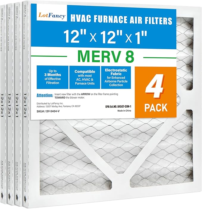 LotFancy 12x12x1 Air Filter MERV 8 4-Pack, Electrostatic Pleated Furnace & AC Filter, Captures Dust, Pet Hair, Pollen, Actual Size: 11.75"x11.75"x0.75"