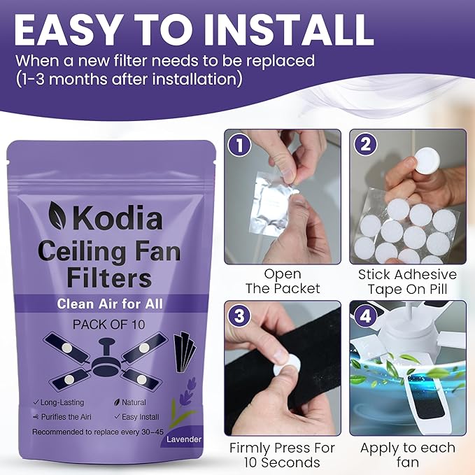 Kodia Ceiling Fan Filters for Blades – Activated Carbon Air Purifier Pads for Dust & Odor Control – Universal Fit Fan Filters with Lavender Scent – 10 Pack + 10 Deodorizing Tablets