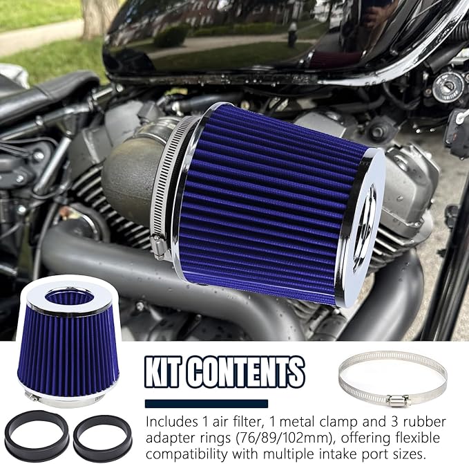 Hovom Universal Clamp-On Air Intake Filter, 76 89 102MM (3/3.5/4in) High Flow Round Tapered Cold Air Intake Filter, High Performance, Washable & Reusable, Engine Filters Replacement (Blue)