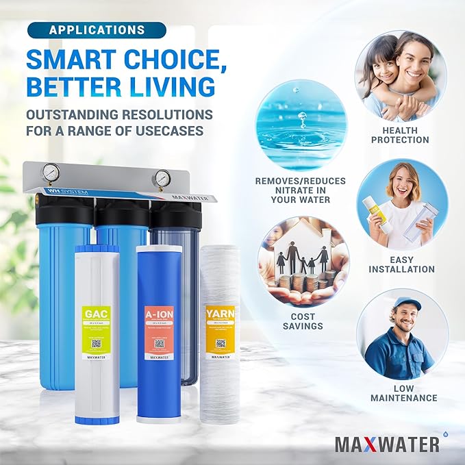 Max Water 3 Stage Whole House Water Filter System Nitrate Removal - 20" x 4.5" Wound Sediment + Anion Resin Nitrate Reduction + GAC - 1" Inlet/Outlet