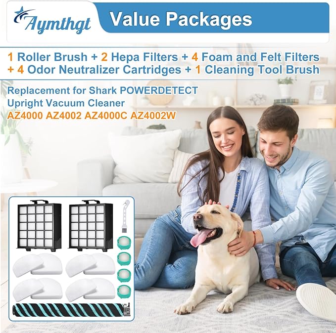 12 Pack AZ4002 Replacement Parts Filter for Shark AZ4000 AZ4000C AZ4002W POWERDETECT Upright Vacuum, 1 Brush roll+2 Filters+4 Foam & Felt Filters+4 Odor Neutralizer Cartridges+1 Cleaning Brush