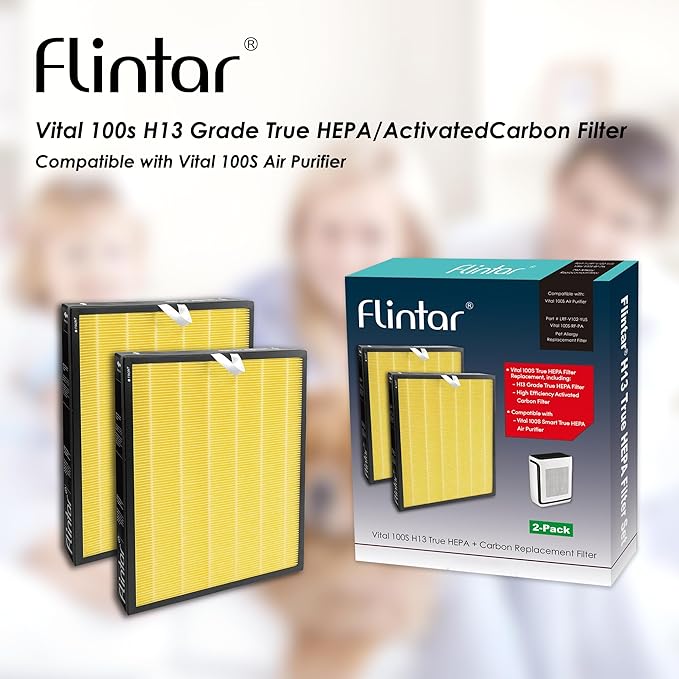 Flintar Vital 100S Pet Allergy Replacement Filter, Compatible with LEVOIT Vital 100S Air Purifier, H13 True HEPA + Activated Carbon Replacement filter, Part # Vital 100S-RF-PA, 2-Pack