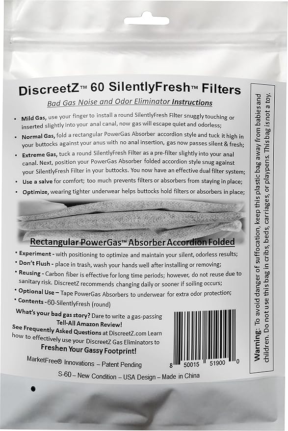 Gas pads absorb odors & sound, activated charcoal odor absorber flatulence pads, bad gas relief for adults, silence sound, women & men charcoal odor absorber underwear pads for buttocks. 60-Count S-60