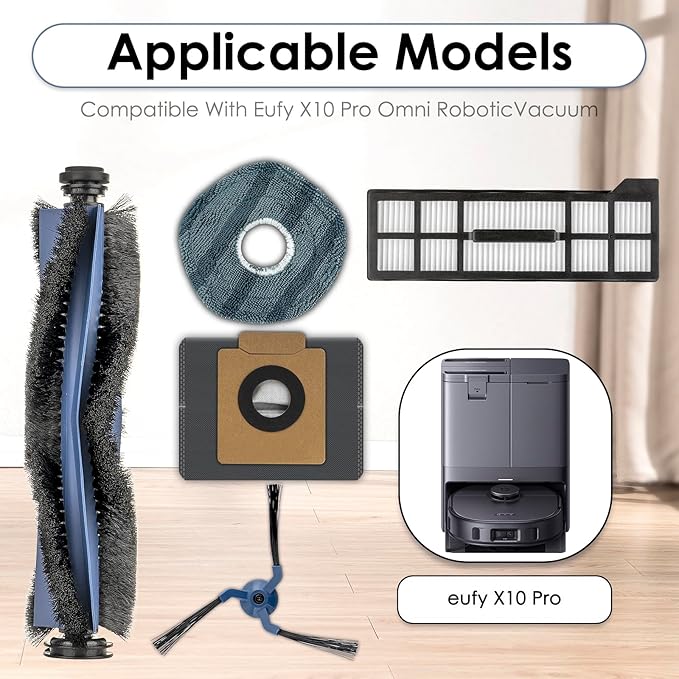 (14 Pack) X10 Pro Omni Replacement Parts Compatible with Eufy X10 Pro Omni Robot Vacuum Cleaner, 1 Roller Brush, 4 Side Brushes, 4 Dust Bags, 3 HEPA Filters, 2 Mop Pads, Accessories Kit