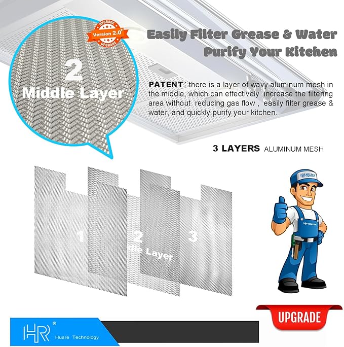 W10915369 Range Hood Filter Replacement, Compatible with Whirlpool,Kitchen Aid, Jenn Air, 3-Layer Aluminum Mesh Grease Filter 8.75X7.5Inch, Huare Aluminum Range Hood Vent Filters, 2Pcs