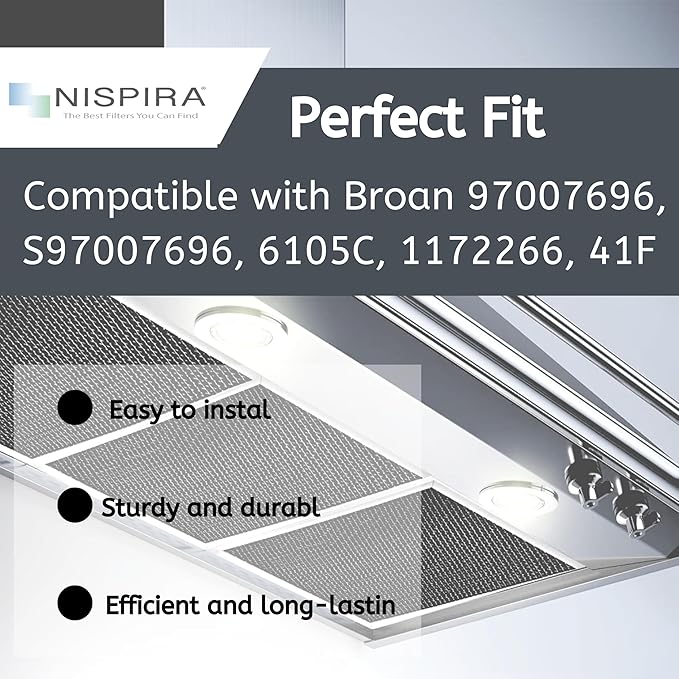 Nispira Replacement Range Hood Grease Filter with Charcoal Compatible with Broan 97007696, S97007696, 6105C, 1172266, 41F. A set of 4 Filters