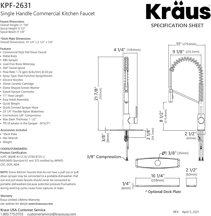 KRAUS Oletto Commercial Style Single Handle Pull Down Kitchen Faucet with QuickDock Top Mount Installation Assembly in Matte Black, KPF-2631MB