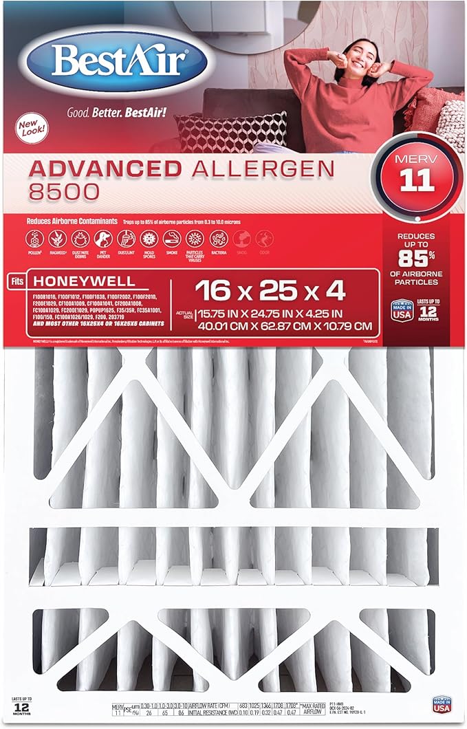 BestAir HW1625-11R AC Furnace Air Filter, 16" x 25" x 4", MERV 11, Removes Allergens & Contaminants, Fits 100%, For Honeywell Models, Pack of 3