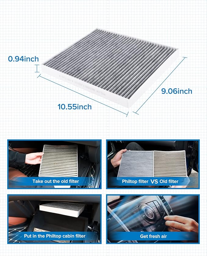 PHILTOP Cabin Air Filter w/Activated Carbon, Compatible with CF10360 Chevrolet Silverado 1500 2500 HD 3500, Tahoe, Suburban 1500 2500, GMC Sierra 1500, Yukon, Hummer H2, Cadillac Escalade ESV EXT