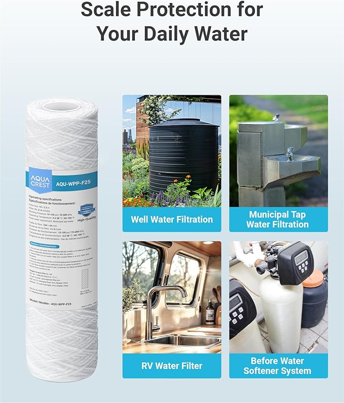 AQUA CREST 5 Micron 10"x2.5" String Wound Sediment Water Filter Cartridge for Well Water, Universal Replacement for Any 10 inch RO Unit, WP-5, Aqua-Pure AP110, CFS110, Culligan P5, WFPFC4002, 6Pack