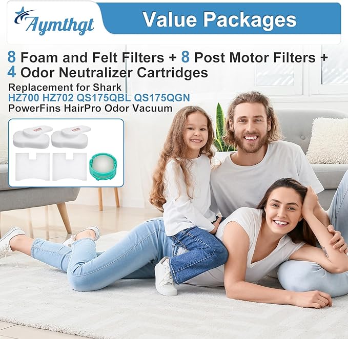 HZ702 Filter for shark PowerFins HairPro Odor Vacuum HZ700 HZ702 QS175QBL QS175QGN, 4 Cartridges + 8 Foam & Felt Filters + 8 Post Motor Filters, Compatible with Parts XPMFHZ2000 and XFFKHZ2000
