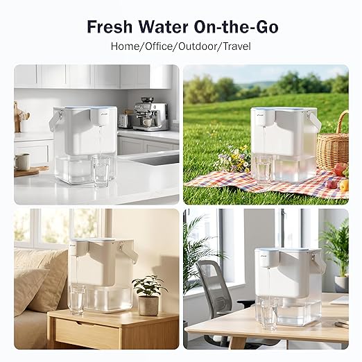 Frizzlife MD40 Electric Water Filter Dispenser with 2 Filters, 400 Gallon, NSF/ANSI 53&42&372, Reduce Lead, PFAS, 6 Months Filter Life Pitcher, Countertop Rechargeable Instant System