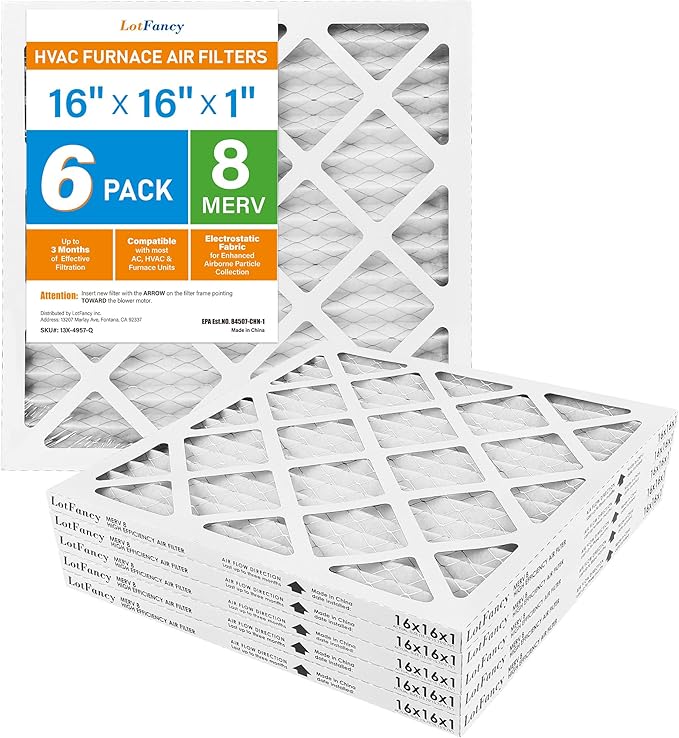 LotFancy 16x16x1 Air Filter MERV 8 6-Pack, Electrostatic Pleated Furnace & AC Filter, Captures Dust, Pet Hair, Pollen, Actual Size: 15.75"x15.75"x0.75"