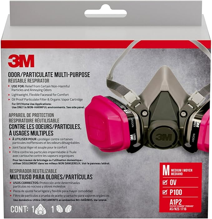 3M P100/OV Odor/Particulate Multi-Purpose Reusable Respirator 65021, NIOSH-APPROVED Organic Vapor Cartridge, Medium