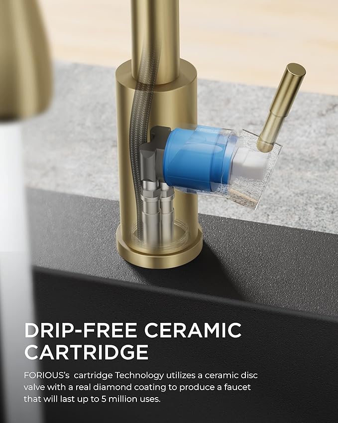 FORIOUS Gold Kitchen Faucet with Pull Down Sprayer, Bar High Arc Single Handle Traditional 3 Modes Stainless Steel Faucet for Kitchen Sink Farmhouse RV Laundry Camper