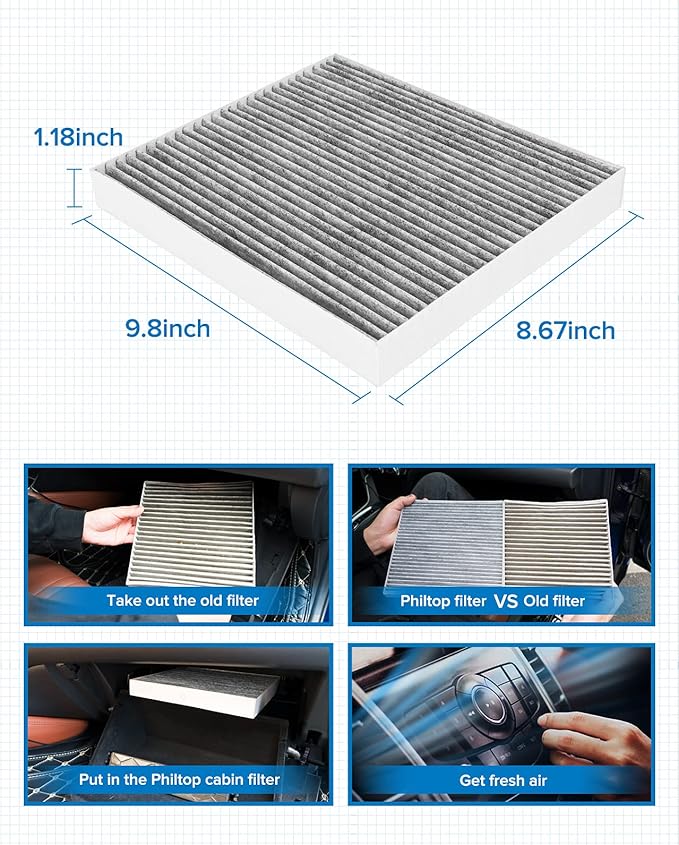 PHILTOP Cabin Air Filter w/Activated Carbon, Compatible with CF10381 Hyundai Sonata 2006-2010, Santa Fe 2007-2009, Azera 2006-2008, Kia Carnival 2022-2026, Optima 2006-2010