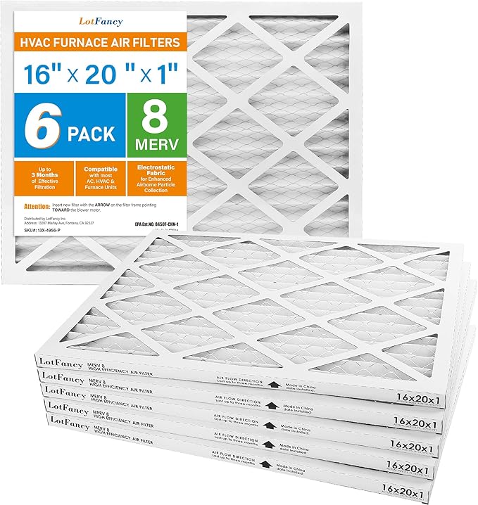 LotFancy 16x20x1 Air Filter MERV 8 6-Pack, Electrostatic Pleated Furnace & AC Filter, Captures Dust, Pet Hair, Pollen, Actual Size: 15.75"x15.75"x0.75"