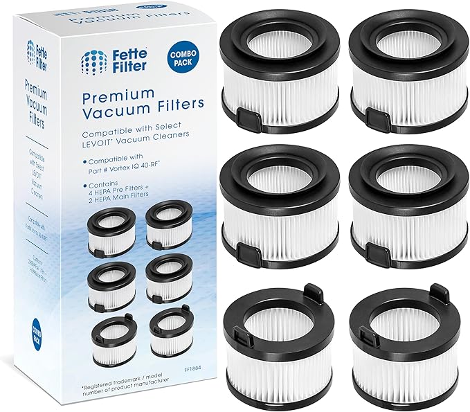 Fette Filter - VortexIQ 40 Vacuum Filter Compatible with LEVOIT VortexIQ 40-RF Cordless Stick Vacuum Cleaner, 6-Pack Filter Set, 2 Main Filters + 4 Pre Motor Filters for Vacuum Model # LSV-VF401-AUS