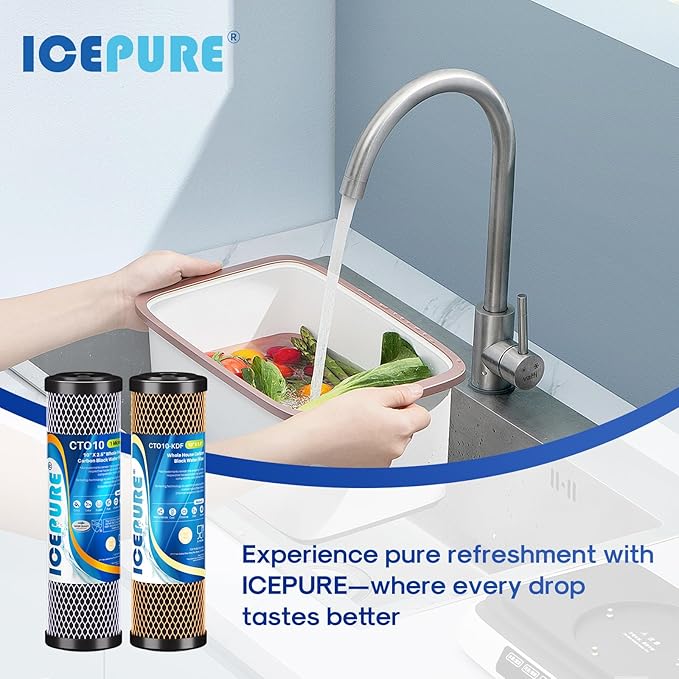 ICEPURE 2-Stage 2.5" x 10" Whole House Water Filter Cartridge Replacement Combo Kit, 1 Micron Activated Carbon Block Filter and KDF Compatible with WFPFC9001, SCWH-5, WHCF-WHWC, FXWTC, CBC-10, 2 Combo