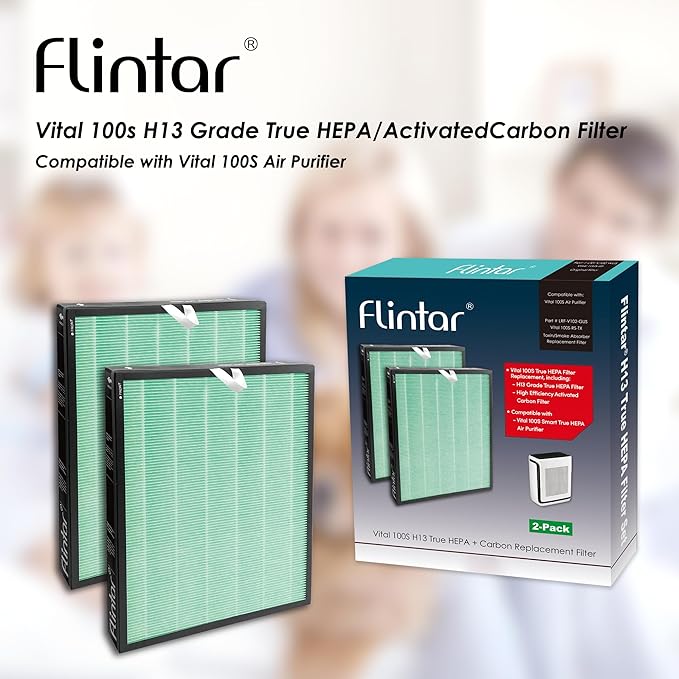 Flintar Vital 100S Toxin/Smoke Absorber Filter, Compatible with LEVOIT Vital 100S Air Purifier, H13 Grade Filtration + Activated Carbon filter, Part # Vital 100S-RF-TX, 2-Pack