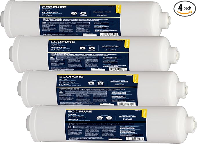 EcoPure EPINL20 In-Line Refrigerator Water and Icemaker Filter - Universal, Fits All Major Brand Refrigerators - High Capacity - Built to Last,White, 1 Count (Pack of 4)