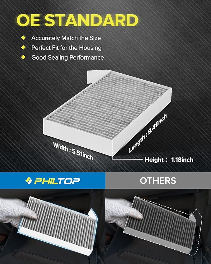 PHILTOP Cabin Air Filter w/Activated Carbon, Compatible with Tesla model 3 2017-2025, model Y 2020-2025, Filter Up Dust Pollen Odor, Pack of 2