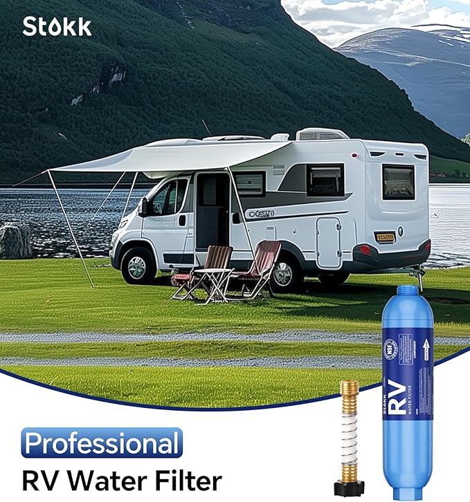 Stokk RV Water Filter with Flexible Hose Protector, NSF Certified, Inline Water Hose Filter for Garden, Camper and Pool, Greatly Reduces Bad Taste, Chlorine, Odor, Rust and Sediment, 2 Pack