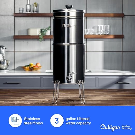 Culligan MaxClear 3 Gallon Gravity Water Filter System, Polished Stainless-Steel Countertop Water Filter NSF/ANSI Certified to Reduce Microplastics, Lead & Total PFAS, with 6 Ceramic Filters