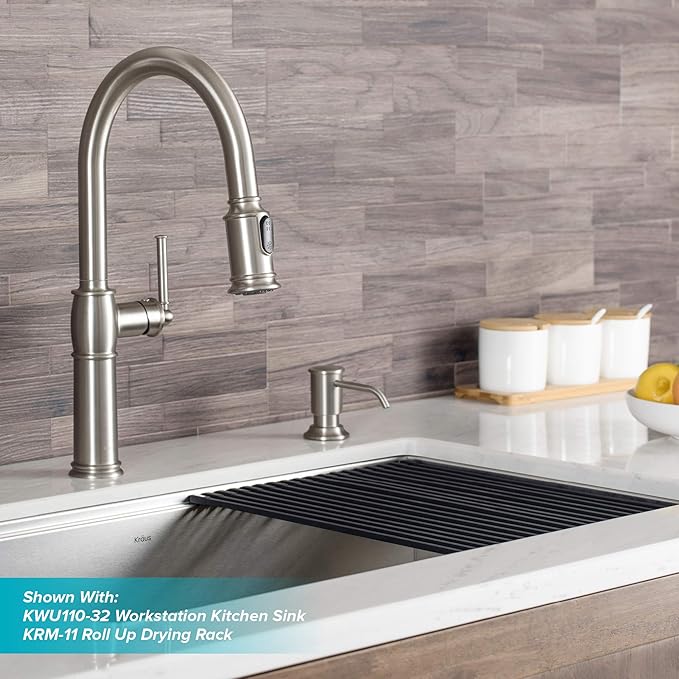 KRAUS Sellette Traditional Spot Free Stainless Steel Single Handle Pull-Down Kitchen Faucet with Deck Plate, KPF-1682SFS