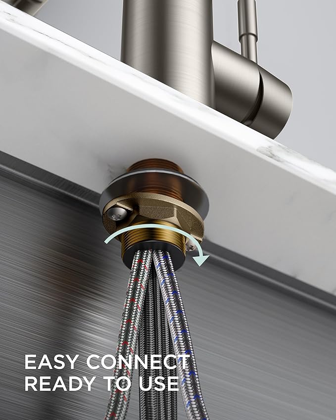 FORIOUS LED Kitchen Faucet with Pull Down Sprayer, Brushed Nickel Modern Single Handle Stainless Steel Commercial Spring Sink Faucet with LED Light for Pot Filler, Farmhouse Camper Bar Laundry Room