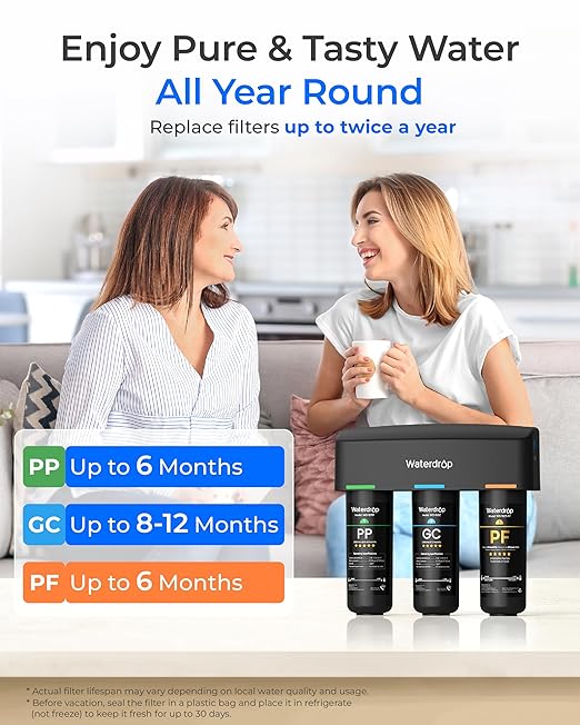 Waterdrop TSB-10-PF Under Sink Water Filter, ๐๐๐๐ฎ๐๐๐ฌ ๐๐+ ๐๐ฆ๐ฉ๐ฎ๐ซ๐ข๐ญ๐ข๐๐ฌ-PFAS, Chlorine, Chloramine, Fluoride, Taste&Odor, 9 Layer Under Sink Water Filtration System,with A Extra Faucet