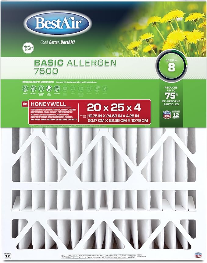 BestAir HW2025-8R AC Furnace Air Filter, 20" x 25" x 4", MERV 8, Removes Allergens & Contaminants, Fits 100%, For Honeywell Models, Pack of 3