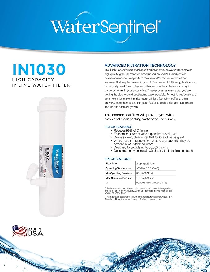 WaterSentinel IN1030 30K Inline Drinking Water Filtration, for Refrigerator, RV, Motor Homes, Campers, Boat, Fountains, Coffee & Tea Brewing, Chlorine & Odor Reduction, Fresh Drinking Water Filter