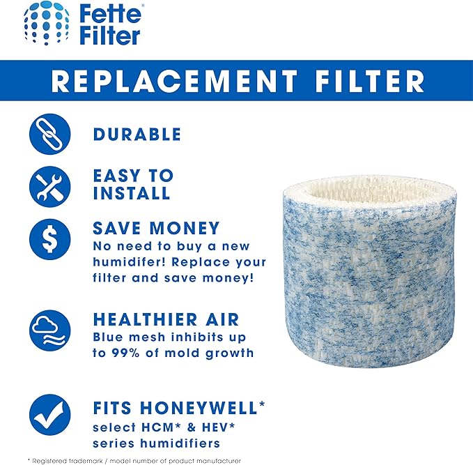 Fette Filter - Upgraded Blue Mesh Treated Layer Humidifier Wicking Filters Compatible with Honeywell HAC-504AW, Filter A for Models HAC-504, HAC-504AW, HCM 350 and Other Cool Mist Models - Pack of 6