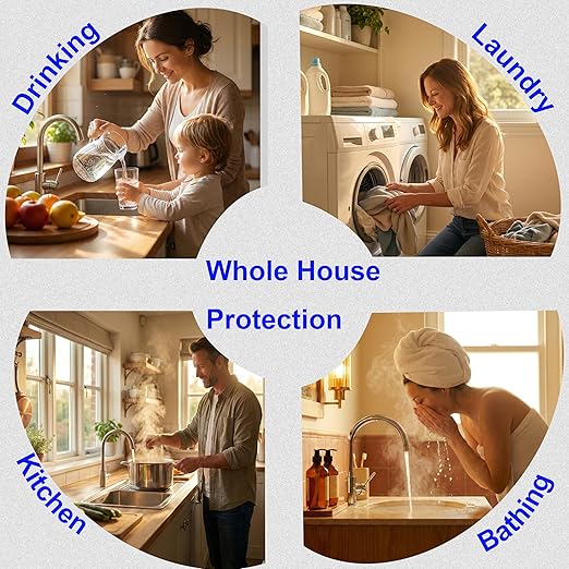 3-Stage Whole House Water Filter System, 20x4.5 Inch, Dual Carbon (GAC & CTO) for Max Chlorine & Odor Reduction, 1" NPT Brass Ports, Drain Valves & Install Kit