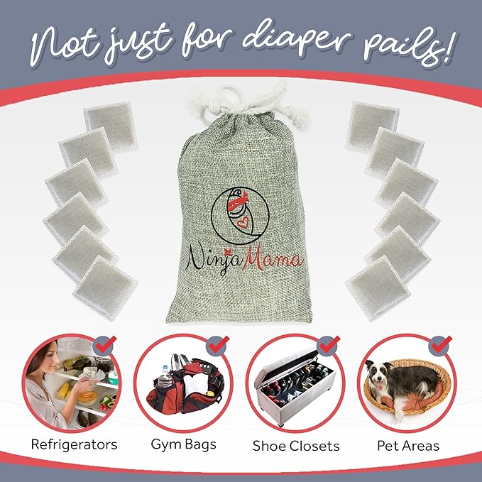 Diaper Pail Deodorizer. Compatible with Most Pails Bamboo Carbon Charcoal Filters, Odor Eliminating Refills for Disposable and Cloth Diapers, Trash Cans and Shoes.12 Pack - Odorless
