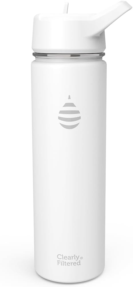 Clearly Filtered Water Bottle | Removes 200+ Contaminants, Double-Wall Insulated Stainless Steel, BPA/BPS Free, Phthalate Free, Filters Flouride Lead Chlorine (20oz, White)