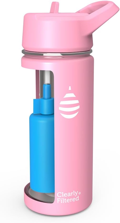 Clearly Filtered Water Bottle | Removes 200+ Contaminants, Double-Wall Insulated Stainless Steel, BPA/BPS Free, Phthalate Free, Filters Flouride Lead Chlorine (16oz, Bubble Gum)