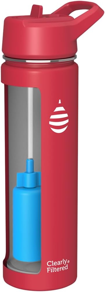 Clearly Filtered Water Bottle | Removes 200+ Contaminants, Double-Wall Insulated Stainless Steel, BPA/BPS Free, Phthalate Free, Filters Flouride Lead Chlorine (20oz, Crimson)