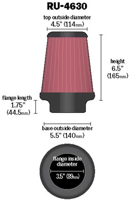 K&N High-Flow Original Lifetime Universal Clamp-On Air Filter:Performance, Premium, Washable: Flange Diameter: 3.5 In, Filter Height: 6.5 In, Flange Length: 1.25 In, Shape: Round Tapered, RU-4630
