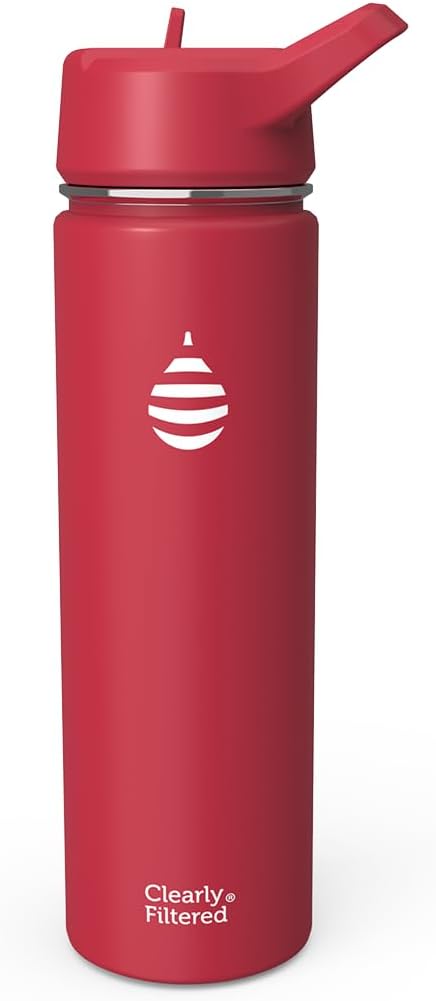 Clearly Filtered Water Bottle | Removes 200+ Contaminants, Double-Wall Insulated Stainless Steel, BPA/BPS Free, Phthalate Free, Filters Flouride Lead Chlorine (20oz, Crimson)