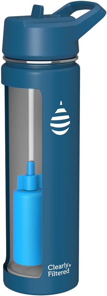 Clearly Filtered Water Bottle | Removes 200+ Contaminants, Double-Wall Insulated Stainless Steel, BPA/BPS Free, Phthalate Free, Filters Flouride Lead Chlorine (20oz, Navy Blue)