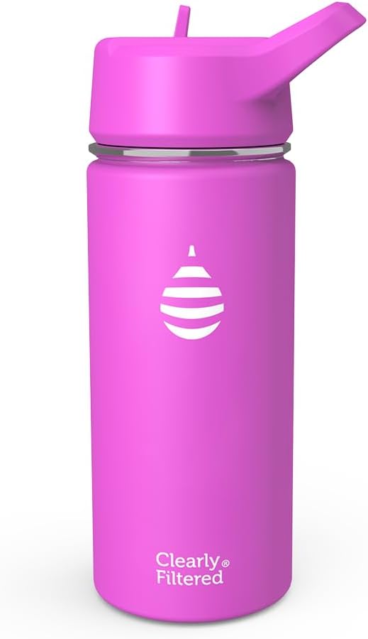 Clearly Filtered Water Bottle | Removes 200+ Contaminants, Double-Wall Insulated Stainless Steel, BPA/BPS Free, Phthalate Free, Filters Flouride Lead Chlorine (16oz, Purple Dino)