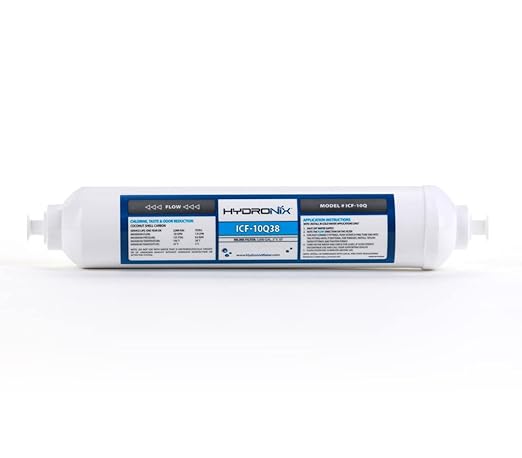 Hydronix ICF-10Q38 Inline Reverse Osmosis Post, Fridge & Ice Coconut GAC Water Filter 2000 Gal, 3/8" Quick Connect